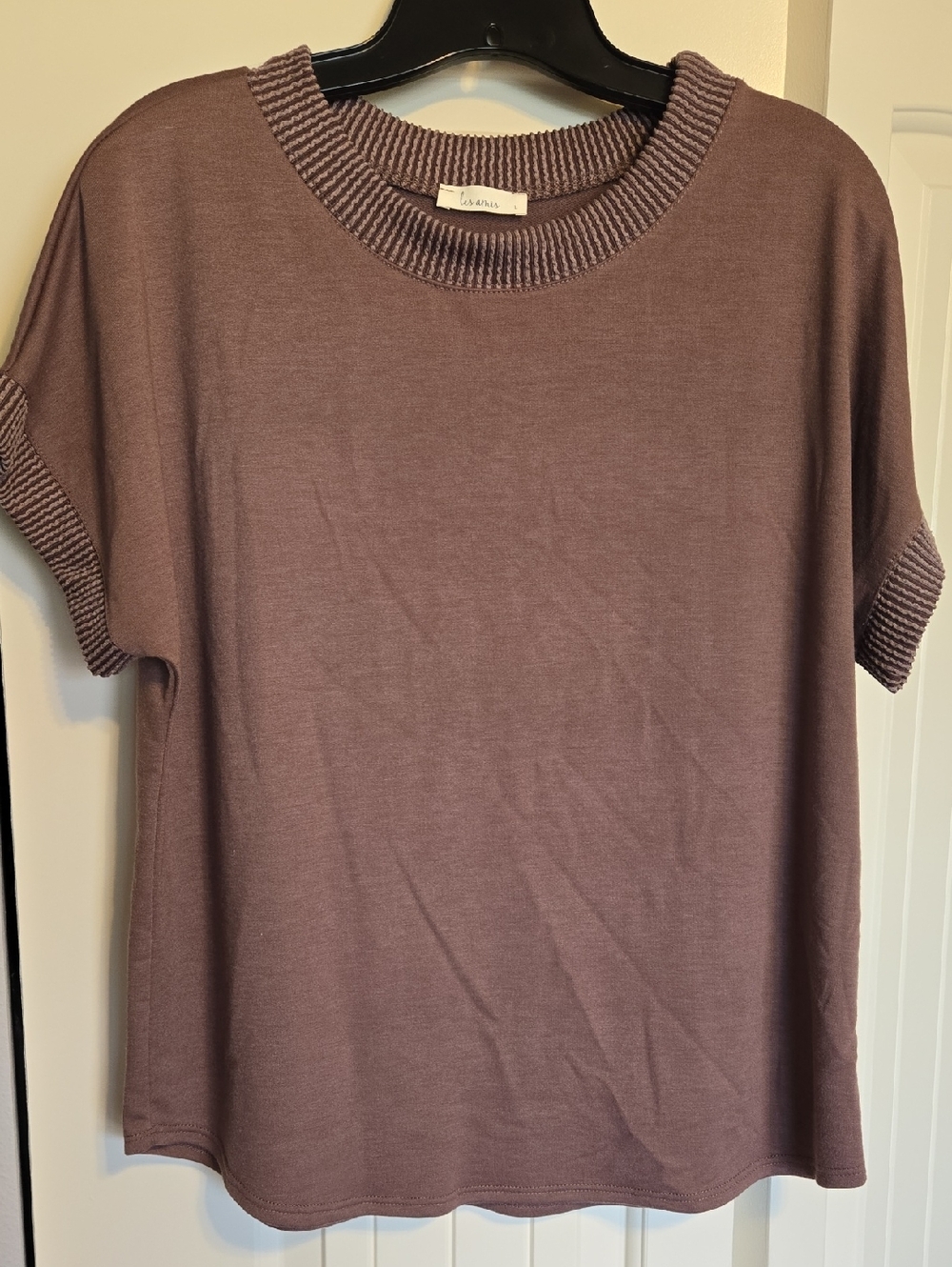 Casual Rib-Trim Short Sleeve Tee - Dusty Mauve